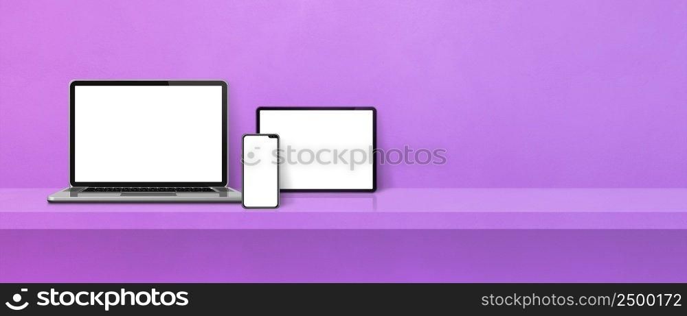 Laptop, mobile phone and digital tablet pc on purple wall shelf. Banner background. 3D Illustration. Laptop, mobile phone and digital tablet pc on purple wall shelf. Banner background
