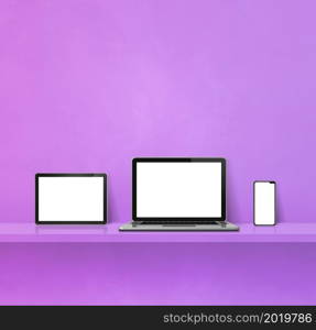 Laptop, mobile phone and digital tablet pc on purple wall shelf. Square background. 3D Illustration. Laptop, mobile phone and digital tablet pc on purple wall shelf. Square background