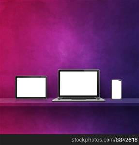 Laptop, mobile phone and digital tablet pc on purple wall shelf. Square background. 3D Illustration. Laptop, mobile phone and digital tablet pc on purple wall shelf. Square background