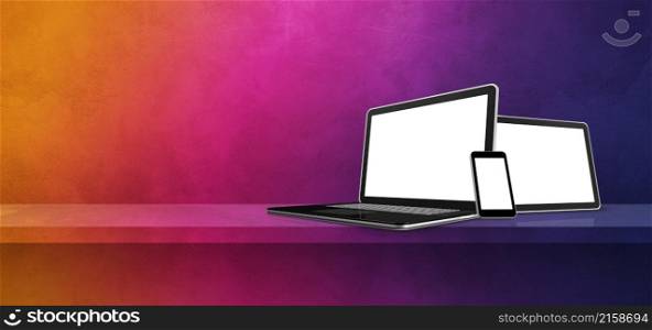 Laptop, mobile phone and digital tablet pc on rainbow wall shelf. Banner background. 3D Illustration. Laptop, mobile phone and digital tablet pc on rainbow wall shelf. Banner background