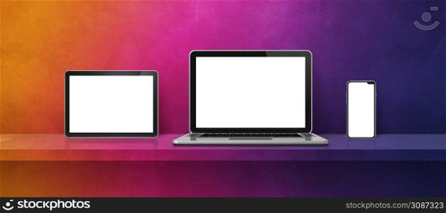 Laptop, mobile phone and digital tablet pc on rainbow wall shelf. Banner background. 3D Illustration. Laptop, mobile phone and digital tablet pc on rainbow wall shelf. Banner background