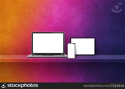 Laptop, mobile phone and digital tablet pc on rainbow wall shelf. Horizontal background. 3D Illustration. Laptop, mobile phone and digital tablet pc on rainbow wall shelf. Horizontal background
