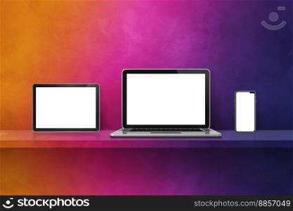 Laptop, mobile phone and digital tablet pc on rainbow wall shelf. Horizontal background. 3D Illustration. Laptop, mobile phone and digital tablet pc on rainbow wall shelf. Horizontal background
