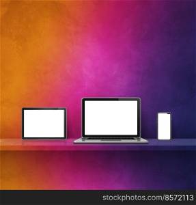 Laptop, mobile phone and digital tablet pc on rainbow wall shelf. Square background. 3D Illustration. Laptop, mobile phone and digital tablet pc on rainbow wall shelf. Square background