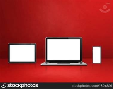 Laptop, mobile phone and digital tablet pc on red office desk. 3D Illustration. Laptop, mobile phone and digital tablet pc on red office desk