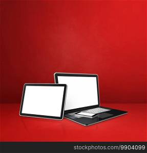 Laptop, mobile phone and digital tablet pc on red office desk. 3D Illustration. Laptop, mobile phone and digital tablet pc on red office desk
