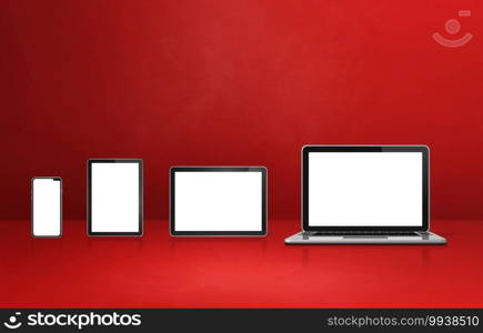 Laptop, mobile phone and digital tablet pc on red office desk. 3D Illustration. Laptop, mobile phone and digital tablet pc on red office desk