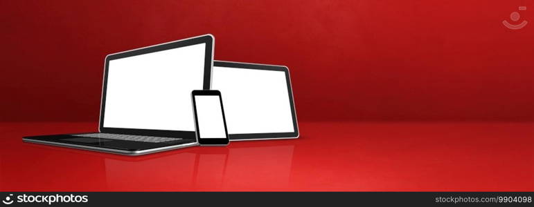 Laptop, mobile phone and digital tablet pc on red office desk. Banner background. 3D Illustration. Laptop, mobile phone and digital tablet pc on red office desk. Banner background