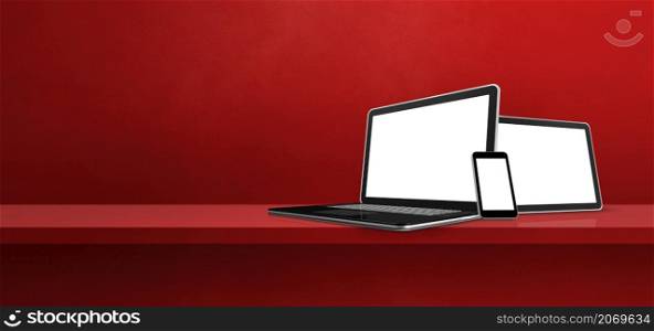 Laptop, mobile phone and digital tablet pc on red wall shelf. Banner background. 3D Illustration. Laptop, mobile phone and digital tablet pc on red wall shelf. Banner background
