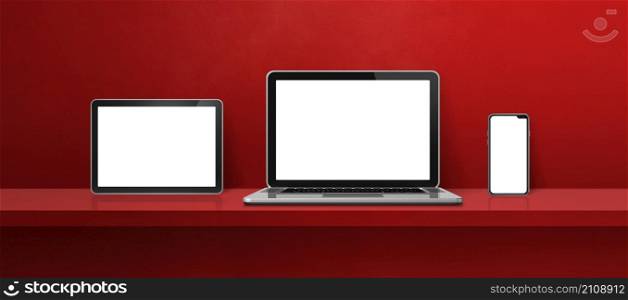 Laptop, mobile phone and digital tablet pc on red wall shelf. Banner background. 3D Illustration. Laptop, mobile phone and digital tablet pc on red wall shelf. Banner background