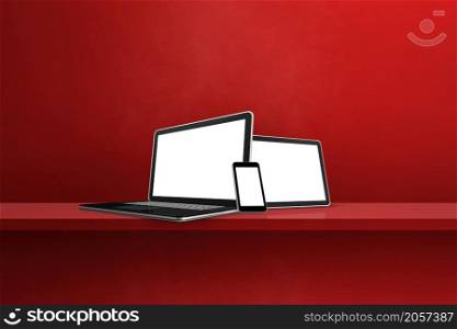 Laptop, mobile phone and digital tablet pc on red wall shelf. Horizontal background. 3D Illustration. Laptop, mobile phone and digital tablet pc on red wall shelf. Horizontal background