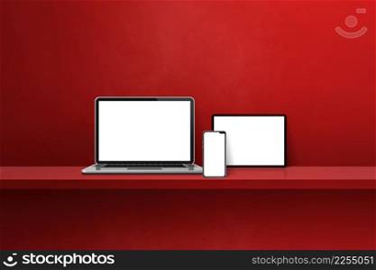Laptop, mobile phone and digital tablet pc on red wall shelf. Horizontal background. 3D Illustration. Laptop, mobile phone and digital tablet pc on red wall shelf. Horizontal background