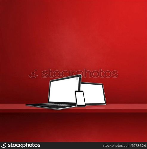 Laptop, mobile phone and digital tablet pc on red wall shelf. Square background. 3D Illustration. Laptop, mobile phone and digital tablet pc on red wall shelf. Square background