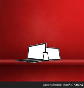 Laptop, mobile phone and digital tablet pc on red wall shelf. Square background. 3D Illustration. Laptop, mobile phone and digital tablet pc on red wall shelf. Square background