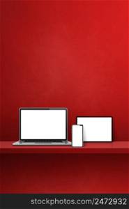 Laptop, mobile phone and digital tablet pc on red wall shelf. Vertical background. 3D Illustration. Laptop, mobile phone and digital tablet pc on red wall shelf. Vertical background
