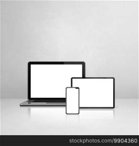 Laptop, mobile phone and digital tablet pc on white concrete office desk. 3D Illustration. Laptop, mobile phone and digital tablet pc on white concrete office desk