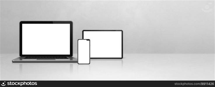 Laptop, mobile phone and digital tablet pc on white concrete office desk. Banner background. 3D Illustration. Laptop, mobile phone and digital tablet pc on white concrete office desk. Banner background