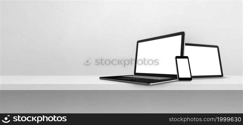 Laptop, mobile phone and digital tablet pc on white concrete wall shelf. Banner background. 3D Illustration. Laptop, mobile phone and digital tablet pc on white concrete wall shelf. Banner background