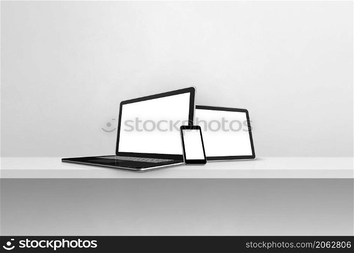 Laptop, mobile phone and digital tablet pc on white concrete wall shelf. Horizontal background. 3D Illustration. Laptop, mobile phone and digital tablet pc on white concrete wall shelf. Horizontal background