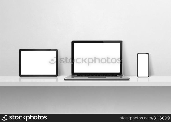 Laptop, mobile phone and digital tablet pc on white concrete wall shelf. Horizontal background. 3D Illustration. Laptop, mobile phone and digital tablet pc on white concrete wall shelf. Horizontal background