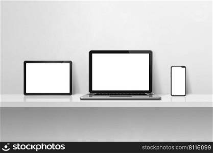 Laptop, mobile phone and digital tablet pc on white concrete wall shelf. Horizontal background. 3D Illustration. Laptop, mobile phone and digital tablet pc on white concrete wall shelf. Horizontal background
