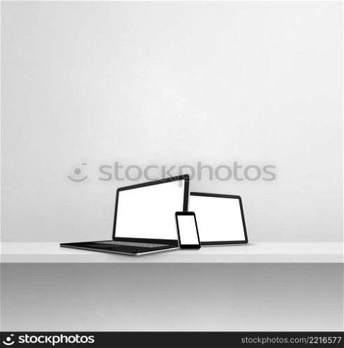 Laptop, mobile phone and digital tablet pc on white concrete wall shelf. Square background. 3D Illustration. Laptop, mobile phone and digital tablet pc on white concrete wall shelf. Square background