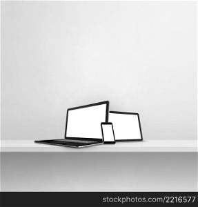 Laptop, mobile phone and digital tablet pc on white concrete wall shelf. Square background. 3D Illustration. Laptop, mobile phone and digital tablet pc on white concrete wall shelf. Square background