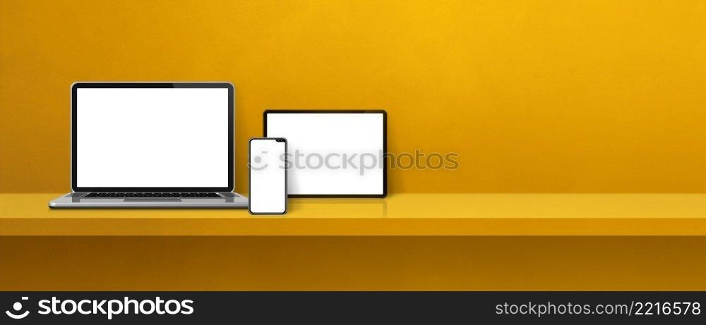 Laptop, mobile phone and digital tablet pc on yellow wall shelf. Banner background. 3D Illustration. Laptop, mobile phone and digital tablet pc on yellow wall shelf. Banner background