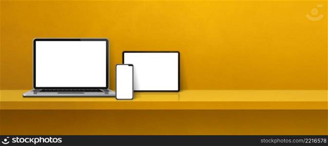 Laptop, mobile phone and digital tablet pc on yellow wall shelf. Banner background. 3D Illustration. Laptop, mobile phone and digital tablet pc on yellow wall shelf. Banner background