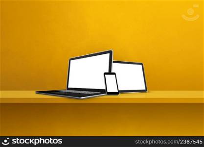 Laptop, mobile phone and digital tablet pc on yellow wall shelf. Horizontal background. 3D Illustration. Laptop, mobile phone and digital tablet pc on yellow wall shelf. Horizontal background