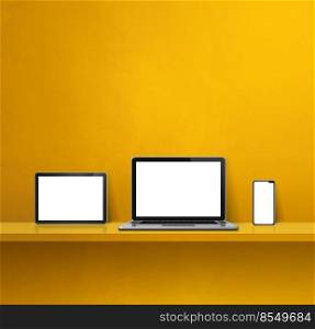 Laptop, mobile phone and digital tablet pc on yellow wall shelf. Square background. 3D Illustration. Laptop, mobile phone and digital tablet pc on yellow wall shelf. Square background