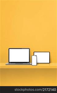 Laptop, mobile phone and digital tablet pc on yellow wall shelf. Vertical background. 3D Illustration. Laptop, mobile phone and digital tablet pc on yellow wall shelf. Vertical background