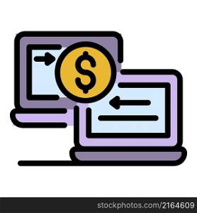 Laptop money transfer icon. Outline laptop money transfer vector icon color flat isolated. Laptop money transfer icon color outline vector