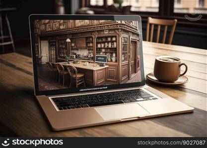 Laptop on the table in coffee house. Generative AI. High quality illustration. Laptop on the table in coffee house. Generative AI