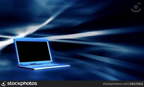 Laptop opening and rotating against abstract background,seamless loop