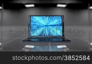 Laptop opening and rotating with matrix data flowing on the display
