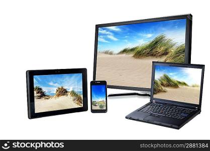 laptop, pc, smart phone and pad on white