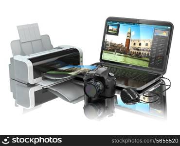 Laptop, photo camera and printer. Preparing images for print. 3d