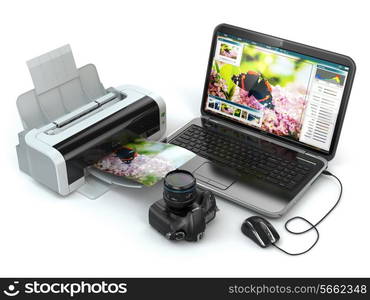 Laptop, photo camera and printer. Preparing images for print. 3d