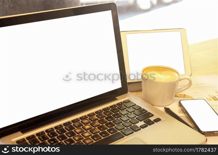 Laptop smartphone and tablet mockup with blank screen isolated on white background, Concept mockup. Copyspace for text.. Concept mockup.