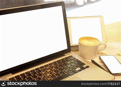 Laptop smartphone and tablet mockup with blank screen isolated on white background, Concept mockup. Copyspace for text.. Concept mockup.