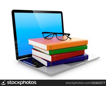 Laptop stack of books and glasses isolated on white background. Electronic education concept.