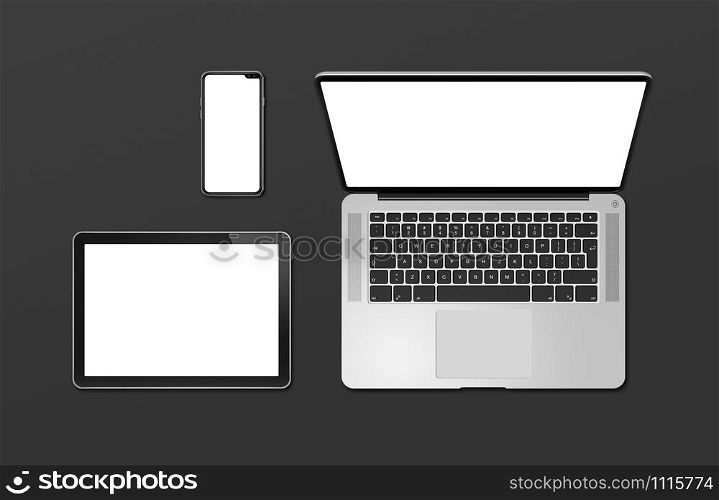 Laptop, tablet and phone set mockup isolated on black background with blank screens. 3D render. Laptop, tablet and phone set mockup isolated on black. 3D render