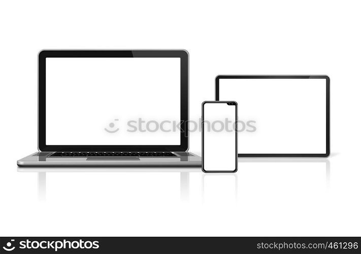 Laptop, tablet and phone set mockup isolated on white background with blank screens. 3D render. Laptop, tablet and phone set mockup isolated on white. 3D render