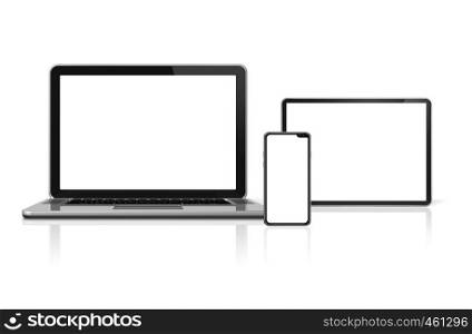 Laptop, tablet and phone set mockup isolated on white background with blank screens. 3D render. Laptop, tablet and phone set mockup isolated on white. 3D render