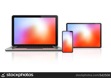 Laptop, tablet and phone set mockup isolated on white background with colorful screens. 3D render. Laptop, tablet and phone set mockup isolated on white. 3D render