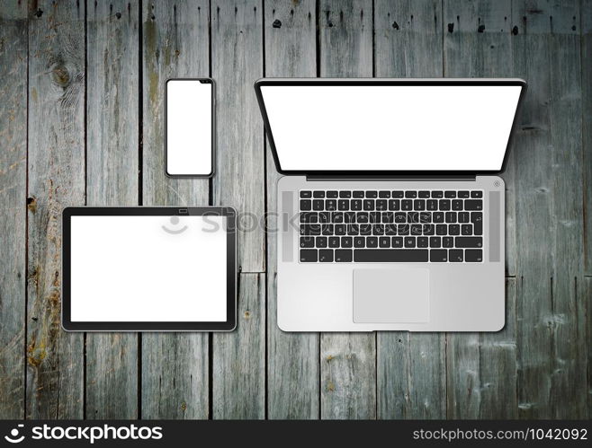 Laptop, tablet and phone set mockup on a wooden desk background. 3D render. Laptop, tablet and phone set mockup on a wooden background. 3D render