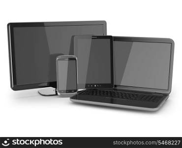 Laptop, tablet pc, tv and mobile phone. 3d