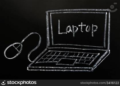 Laptop with a mouse drawn in chalk on a blackboard
