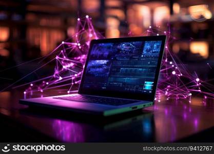 Laptop with abstract glowing network on the background. 3d rendering